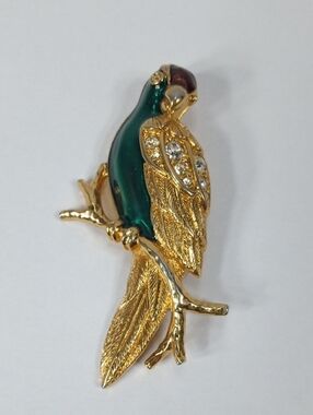 Vintage Avon Gold and Green Parrot Bird Pin Brooch - Elegant Animal Jewelry